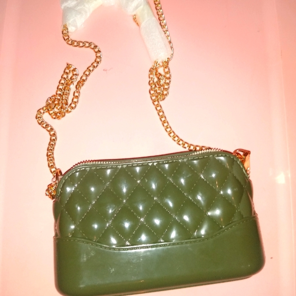 Olive green quilted rubber purse with gold chain